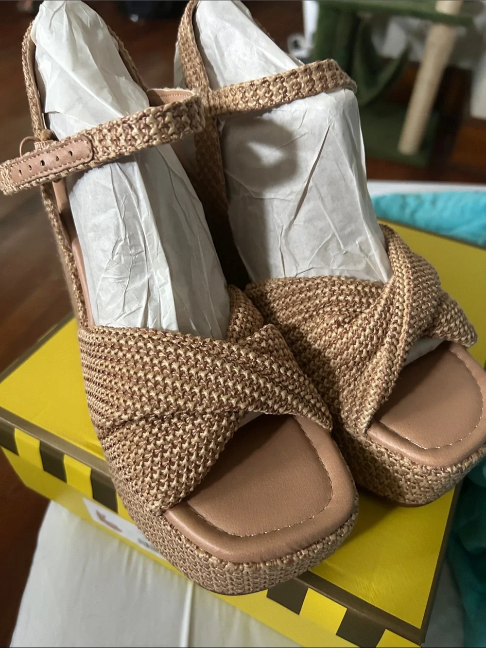 Braided Tan Platform Sandals with Ankle Strap